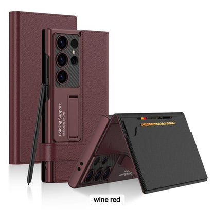 Samsung Galaxy S24 Ultra Leather Wallet Flip Cover With Kickstand Hard PC - Wine