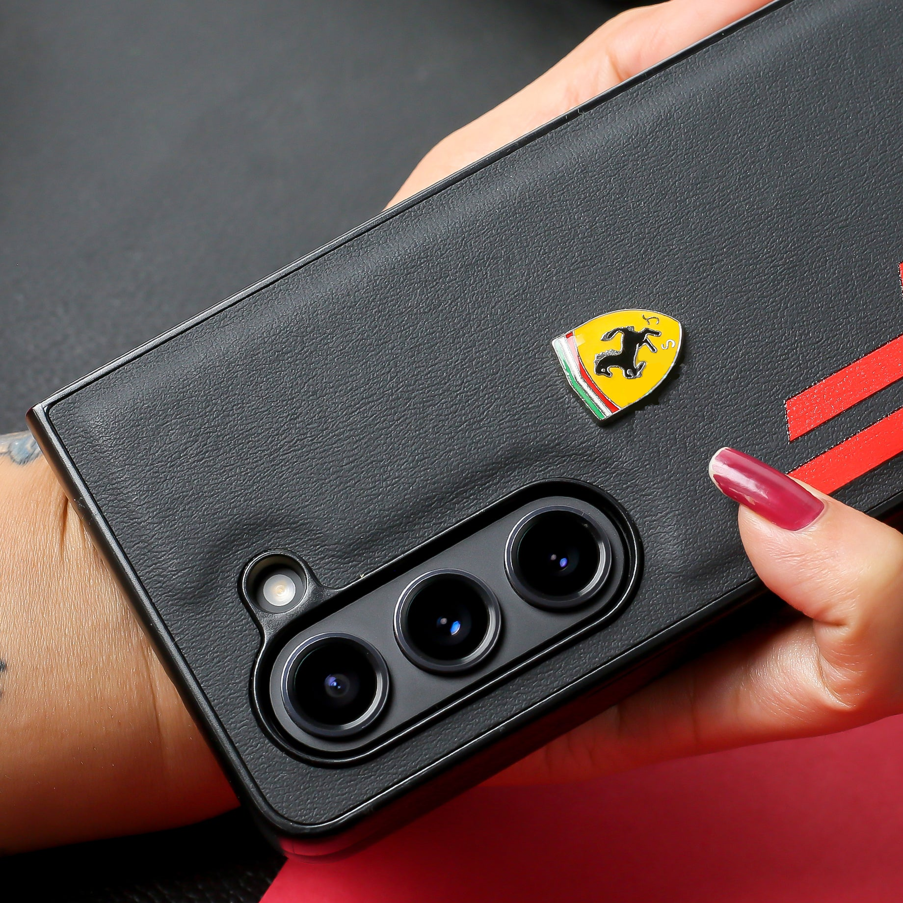Samsung Galaxy Z Fold 6 Leather Ferrari SF Logo Case Sport Car Design - Black