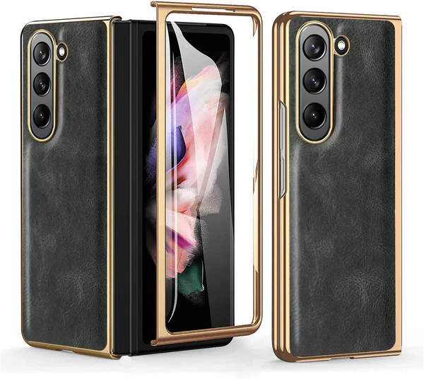 Samsung Galaxy Z Fold 6 Luxury Business Leather Gold Electroplating Cover with Built-in Front Glass - Light Brown (Copy)