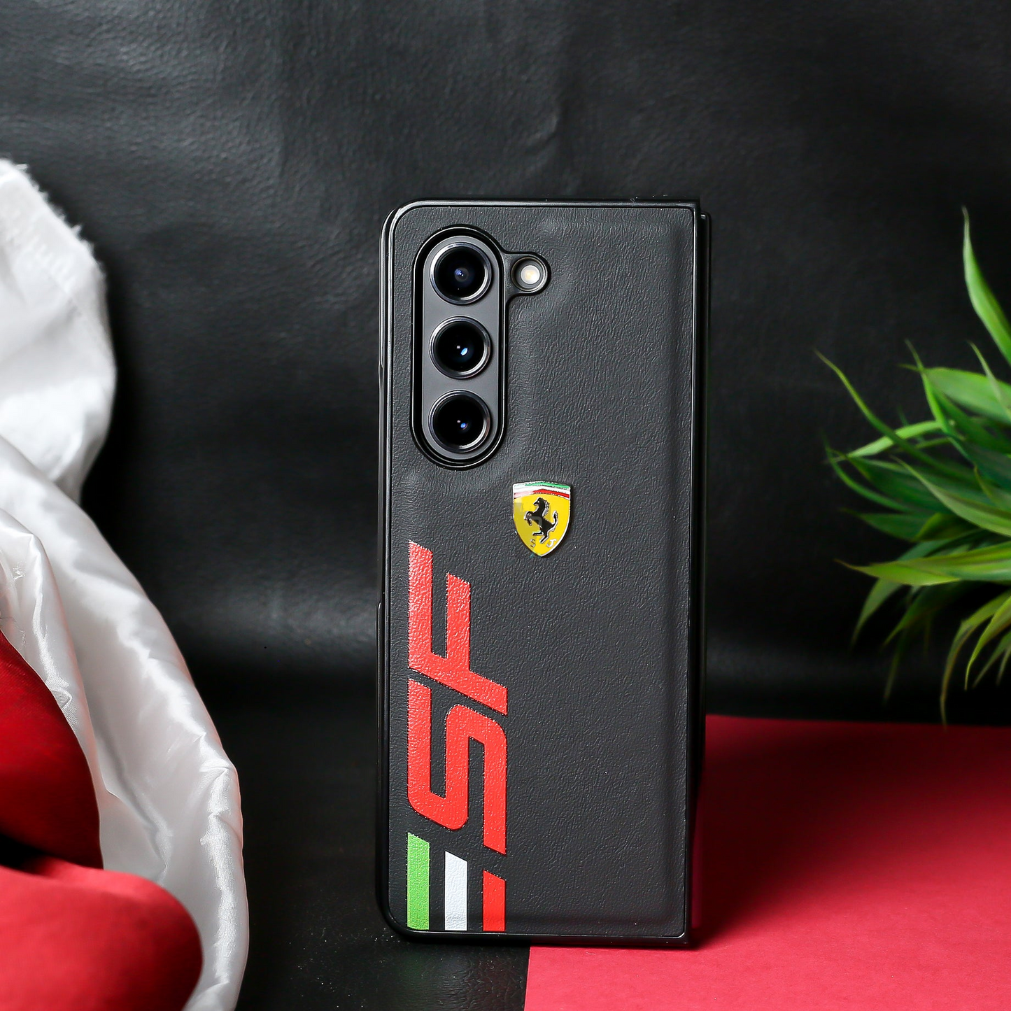 Samsung Galaxy Z Fold 6 Leather Ferrari SF Logo Case Sport Car Design - Black