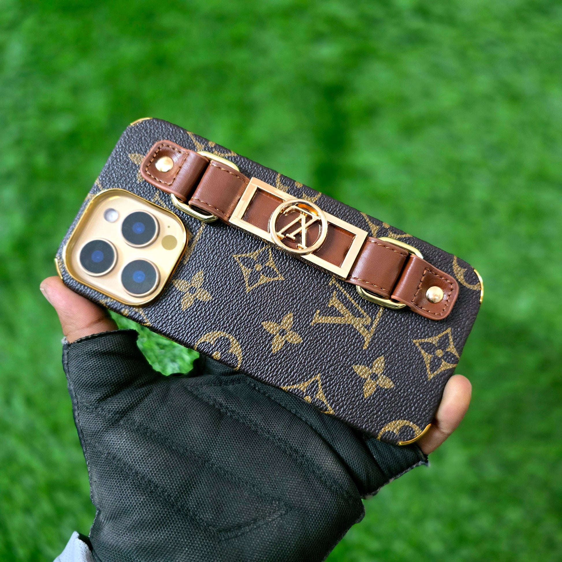 iPhone 16 Pro Max Luxurious Premium Louis Vuitton Leather Case with Belt - Brown