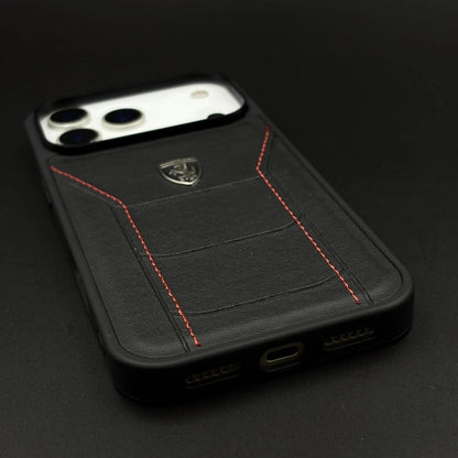iPhone 17 Pro Ferrari Sports Car Heritage Leather Stitched Case - Black
