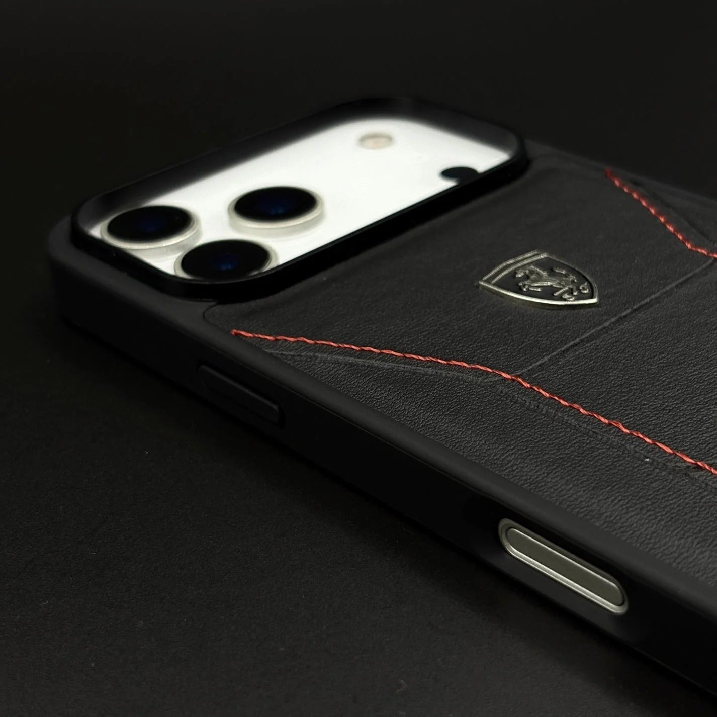iPhone 17 Pro Ferrari Sports Car Heritage Leather Stitched Case - Black