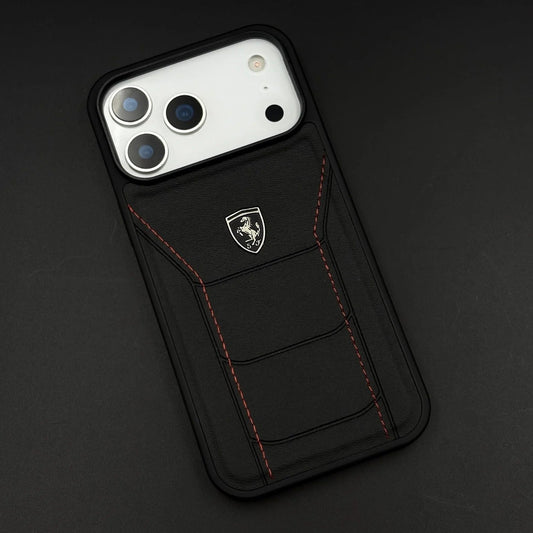 iPhone 17 Pro Ferrari Sports Car Heritage Leather Stitched Case - Black