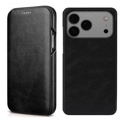 iPhone 17 Pro Max Leather Magnetic Flip Case with Card Slot and Kickstand - Black