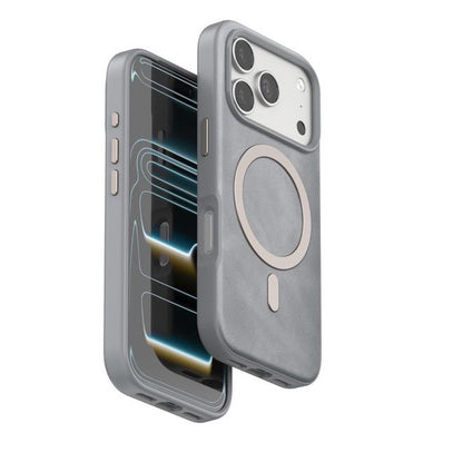 iPhone 17 Pro Leather Magsafe Case Premium Luxurious Leather with Metal Magnetic Magsafe Ring - Grey
