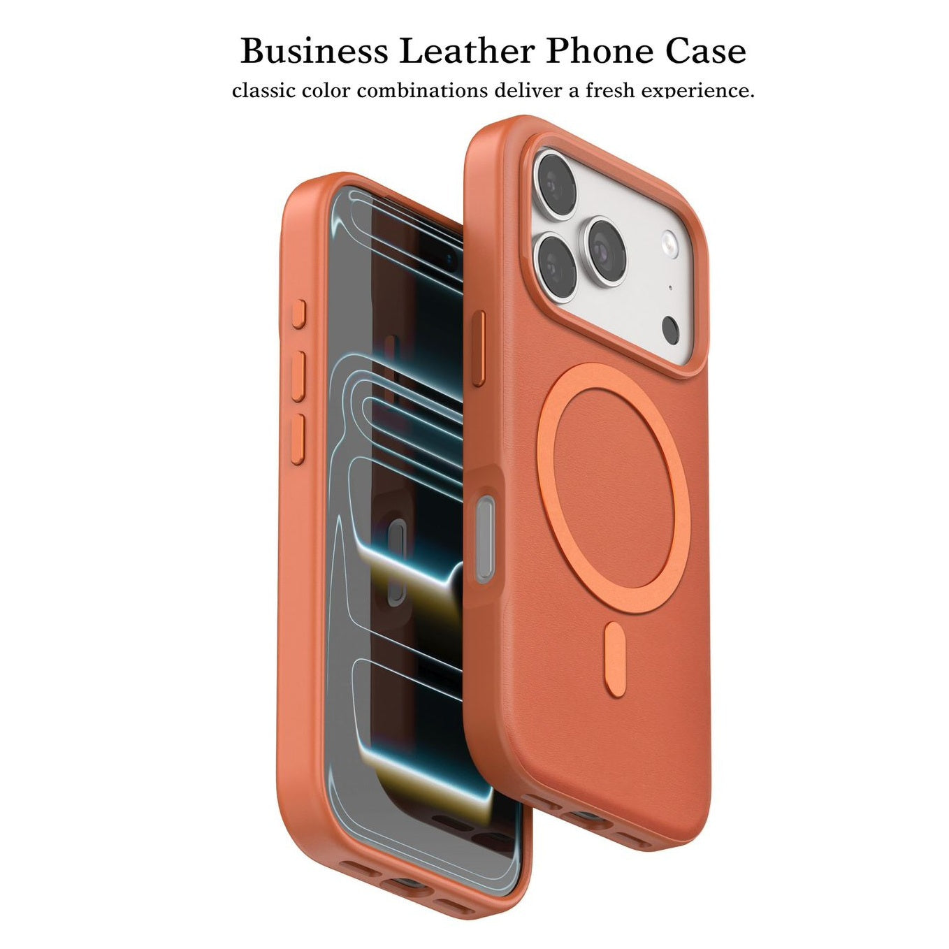 iPhone 17 Pro Leather Magsafe Case Premium Luxurious Leather with Metal Magnetic Magsafe Ring - Orange