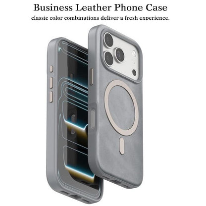 iPhone 17 Pro Leather Magsafe Case Premium Luxurious Leather with Metal Magnetic Magsafe Ring - Grey