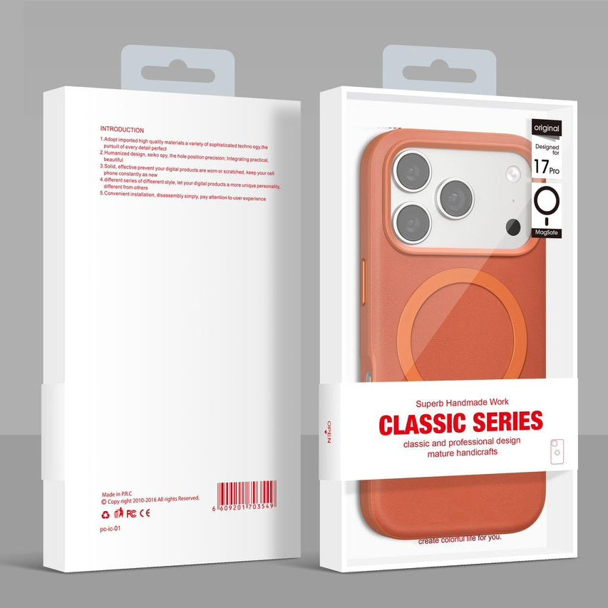 iPhone 17 Pro Leather Magsafe Case Premium Luxurious Leather with Metal Magnetic Magsafe Ring - Orange