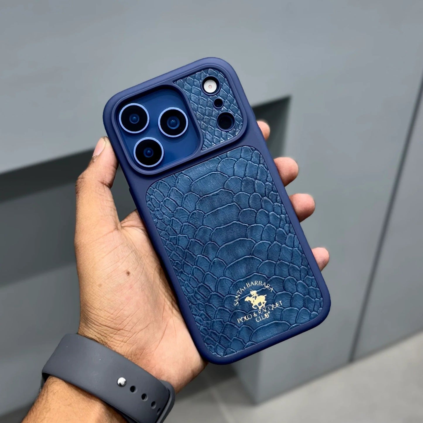 iPhone 17 Pro Max Genuine Leather Original Santa Barbara Polo Club Knight Series Back Cover - Navy Blue