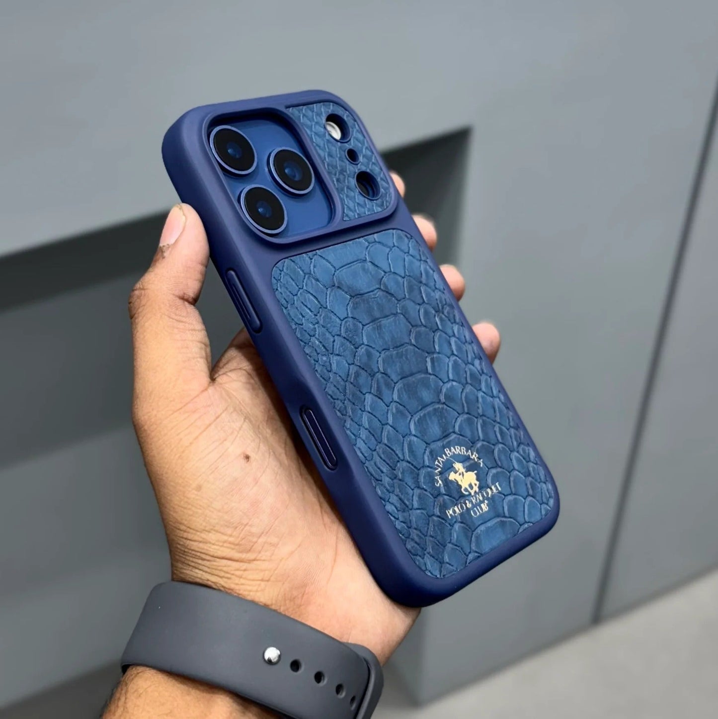 iPhone 17 Pro Max Genuine Leather Original Santa Barbara Polo Club Knight Series Back Cover - Navy Blue