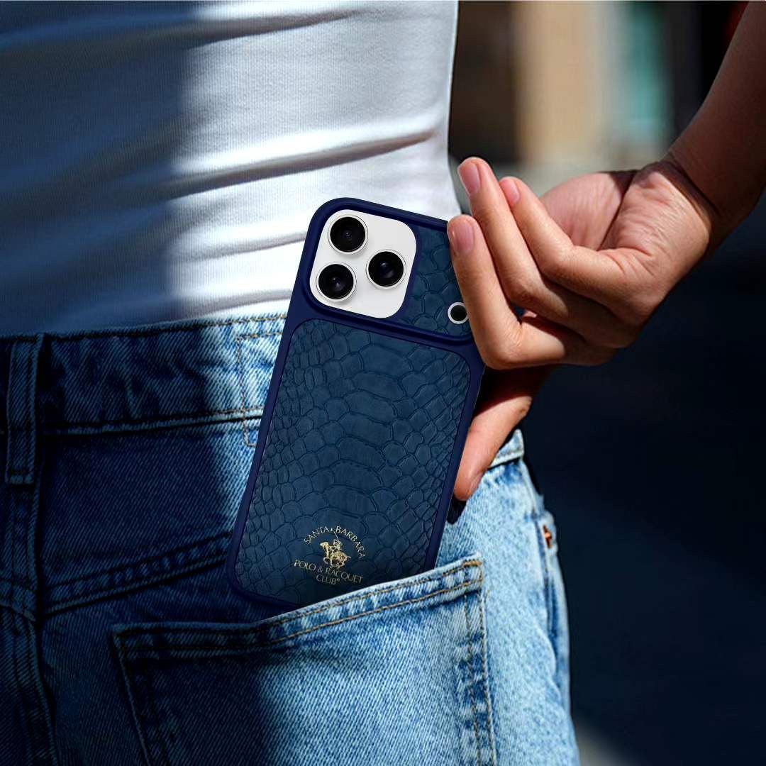 iPhone 17 Pro Max Genuine Leather Original Santa Barbara Polo Club Knight Series Back Cover - Navy Blue