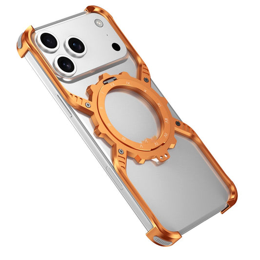 iPhone 17 Pro Metal Bumper Case, Aluminum Alloy X-Shape Luminous Kickstand with Magsafe - Orange