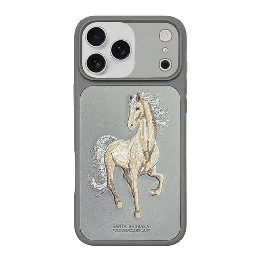 iPhone 17 Pro Max Genuine Leather Original Santa Barbara Polo Club Boris Series Back Cover - Grey