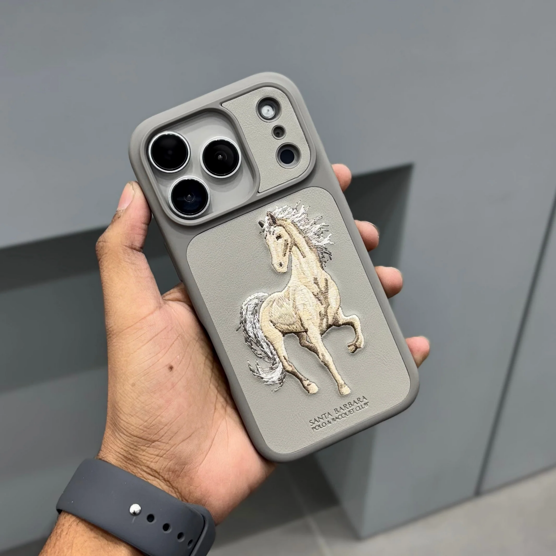 iPhone 17 Pro Max Genuine Leather Original Santa Barbara Polo Club Boris Series Back Cover - Grey