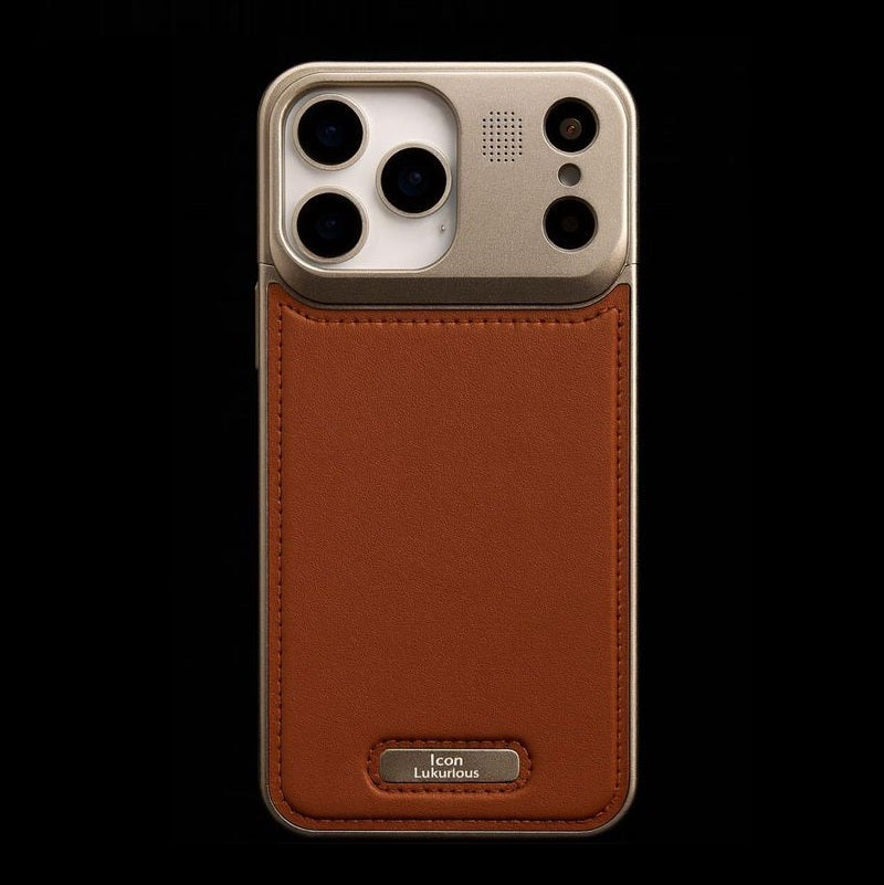 iPhone 17 Pro Max Metal Case, AeroFLex Aluminum + Leather Case with Aroma Perfume Cover - Brown