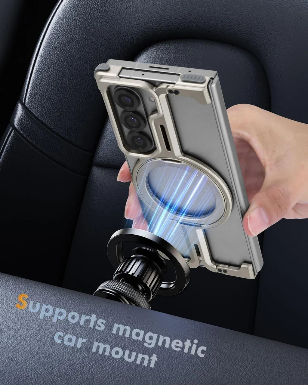 Samsung Galaxy Z Fold 6 Frameless Metal Bumper Magsafe Case with Magnetic Kickstand 360° Rotation Ring - Black